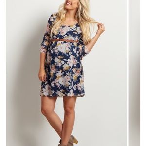 Navy Blue Floral Chiffon Belted Maternity Dress